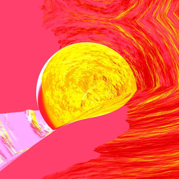 Психоделическое солнце восходит над розовым пейзажем. Декор визуального искусства. Теплое утреннее фото. Круглая форма, сделанная из гранжа. Отличная идея для печати. Виртуальное природное деко. Летние каникулы. Стильный рендер для листовки . — стоковое фото