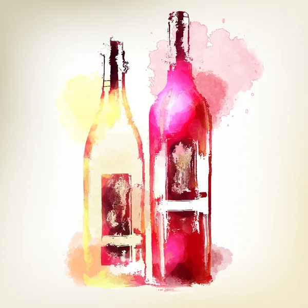 Red and white wine in bottles. Watercolor splashes. Vector Graphics