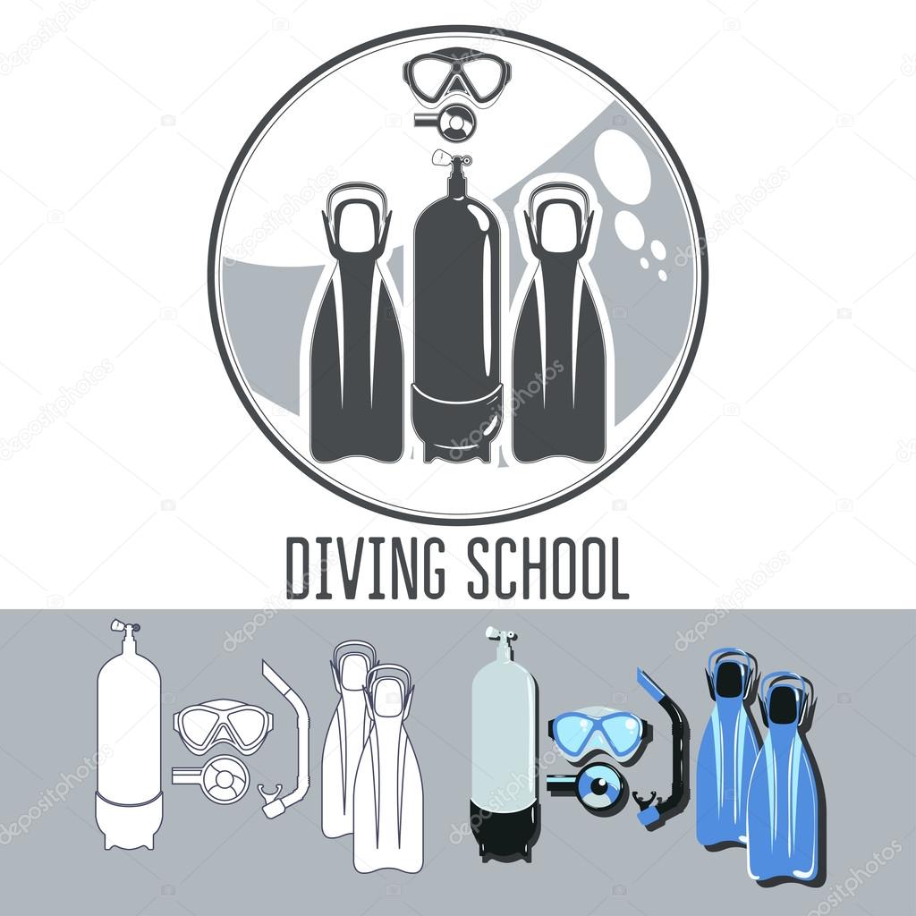 Diving School logo template. Set of diving equipment.