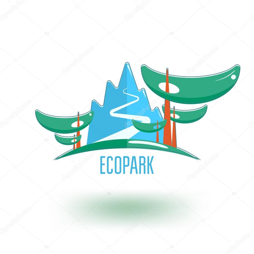 Ecological park logo template. Mountain road in the woods.