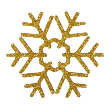 Beyaz arka planda Altın Kar Taneleri şeklinde bir Noel oyuncağı