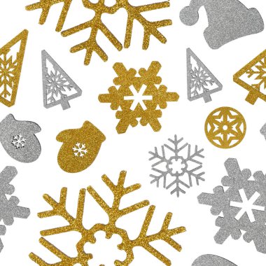 Dekoratif Noel Kartaneleri, Noel ağaçları, Noel Baba şapkası, kusursuz desenler, gümüş ve altın rengi, desenli fotoğraf, izole edilmiş, kusursuz arka plan, Noel süslemesi