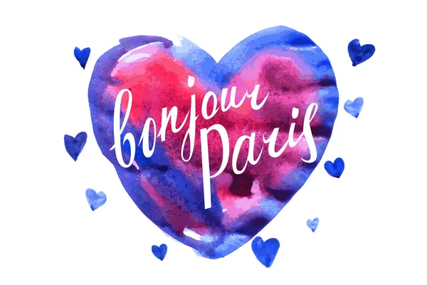 Bonjour Paris card with watercolor hearts — Stock Vector