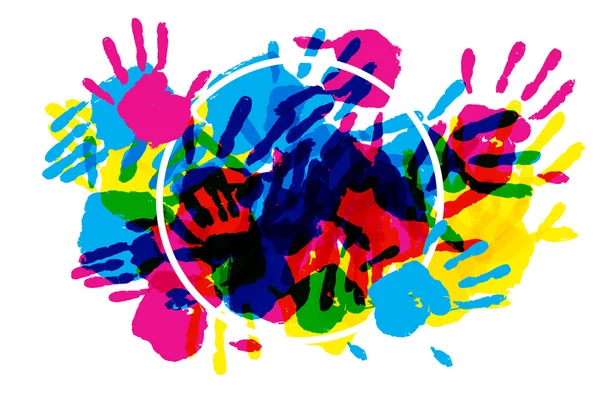 Big circle frame made of colored handprints. — Stock Vector