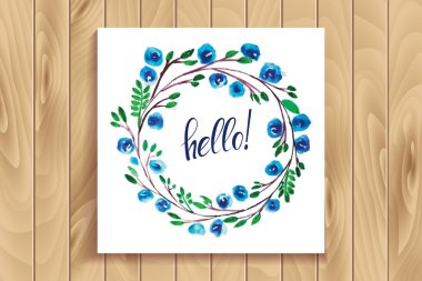 Merhaba yazı suluboya çiçek bir çerçeve içinde