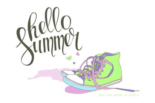 Lettering Olá sapatos de verão — Vetor de Stock