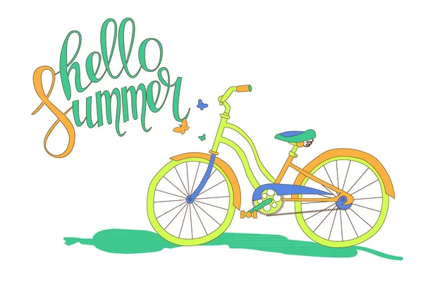 Belettering Hello zomer en de fiets — Stockvector