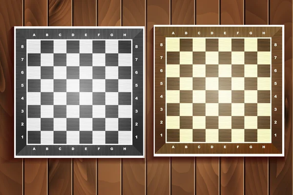 Conjunto vectorial de tableros de ajedrez sobre fondo de madera — Archivo Imágenes Vectoriales