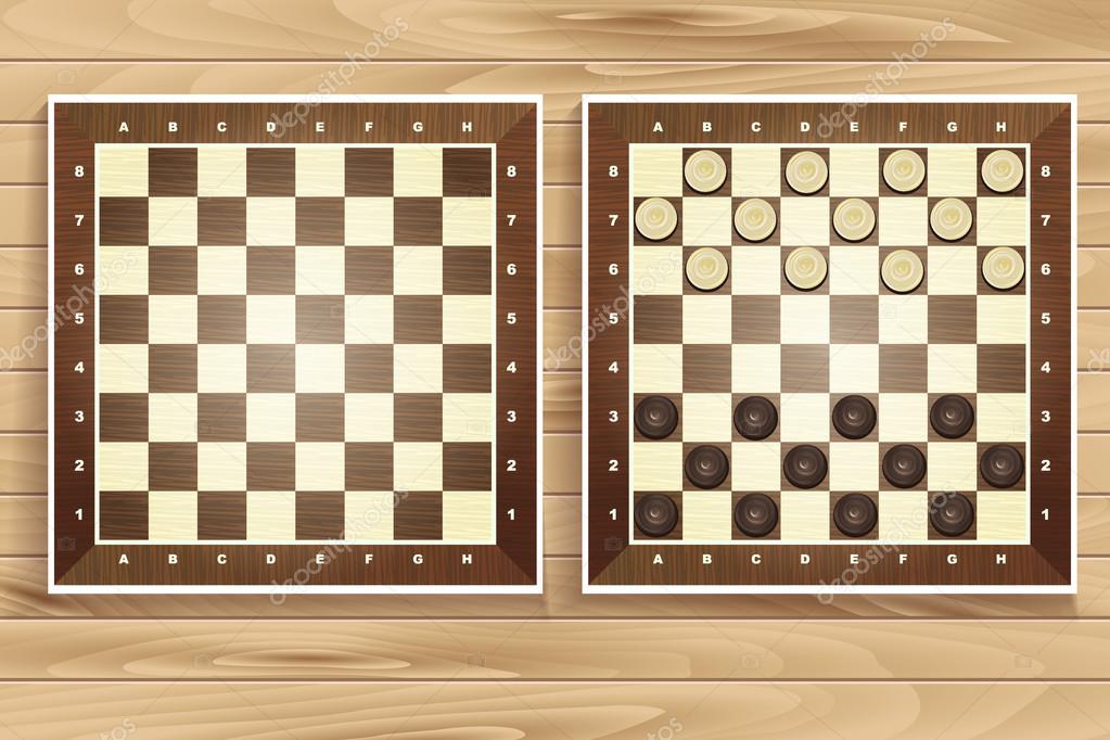 Damas e tabuleiro de xadrez. fichas brancas e pretas colocadas no  tabuleiro. antigo jogo de tabuleiro intelectual. ilustração