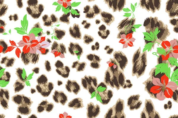 Carino fiore senza soluzione di continuità mix modello vettoriale leopardo — Vettoriale Stock