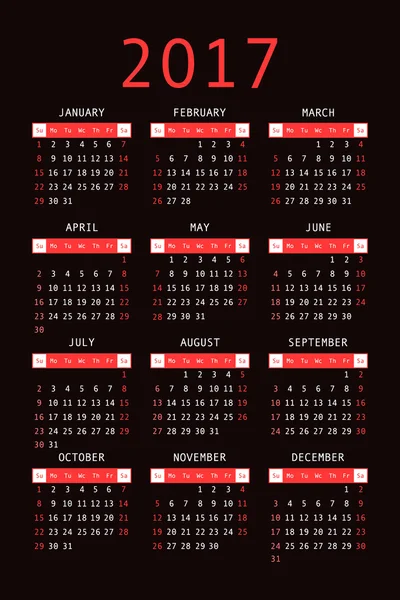 Calendario para 2017 sobre fondo negro vertical — Vector de stock