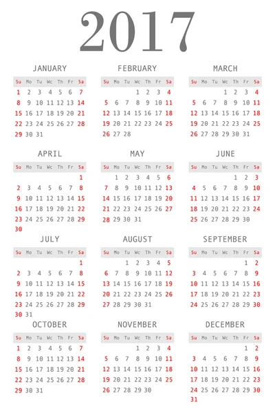 Calendario per il 2017 — Vettoriale Stock