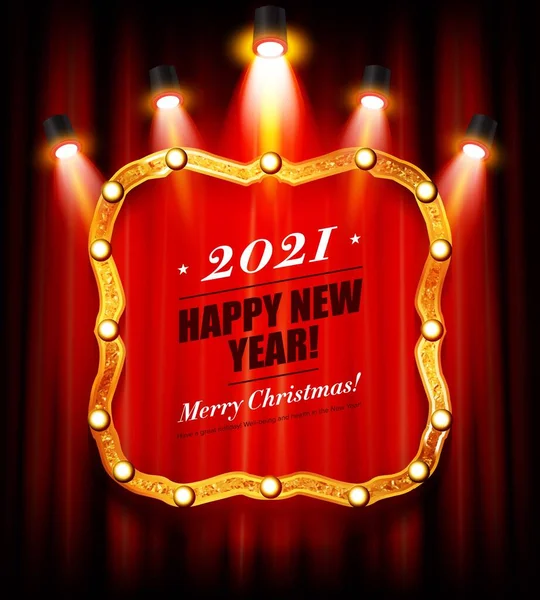 Gelukkig Nieuwjaar Tot 2021 Kerst Achtergrond Retro Spots Gordijnachtergrond Kerstlichtteken — Stockvector