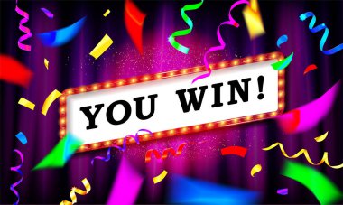 Bingo çerçeve etiketi, düşen kurdele kazananı. Vektör illüstrasyonu