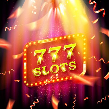 Üçlü yedi kumarhane büyük ikramiye afişi, şanslı numaralar 777. Vektör illüstrasyonu.