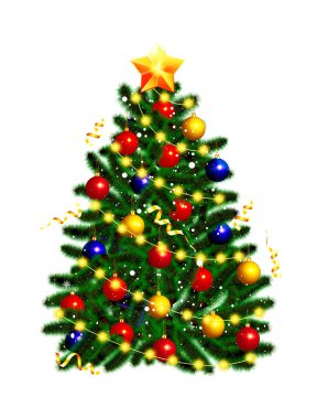 Altın yıldızlı güzel bir Noel ağacı ve beyaz arka planda ışıklar. Vektör illüstrasyonu