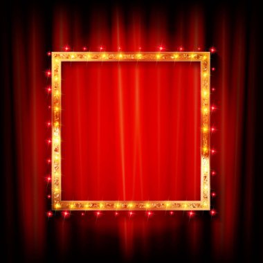 Kırmızı bir perdeye karşı, ışıklarla aydınlatılmış altın kare bir çerçeve. Vektör illüstrasyonu