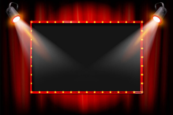 Retro cinema or theater frame illuminated by spotlight. Now showing sign on red curtain backdrop. Vintage Hollywood movie premiere signs vector template