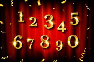 Kırmızı bir perdenin arkasında, doğum günü için altın numaralar. Altın kurdele ve konfeti. Vektör tasarım ögeleri