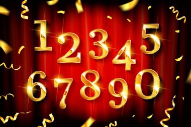 Kırmızı bir perdenin arkasında, doğum günü için altın numaralar. Altın kurdele ve konfeti. Vektör tasarım ögeleri