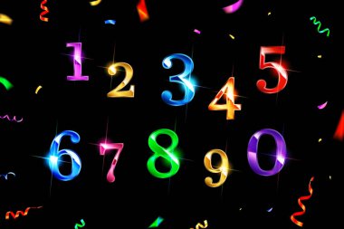 Renkli Soyut Vektör Konfeti Sayıları Sıfır 'dan Dokuz' a Rakamlar Koleksiyonu. Siyah arkaplanda vektör illüstrasyonu