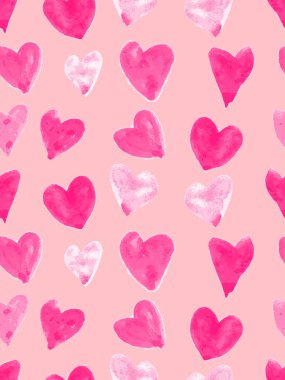 Elle çizilmiş pembe suluboya kalp izi. Boyalı vektör romantik aşk illüstrasyon arka planı.