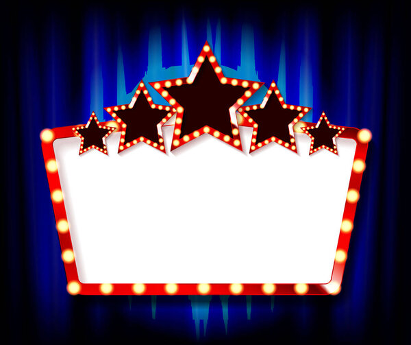 Neon sign. Beautiful light bulbs and golden stars. Vector illustration