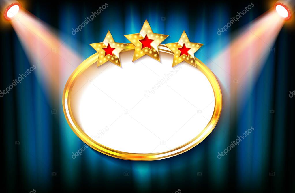 Frame on the background of a blue curtain in searchlights. Vector illustration