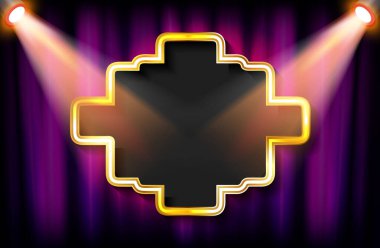 Projektörlerdeki mor perdenin arkasındaki çerçeve. Vektör illüstrasyonu