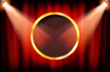 Projektörlerdeki kırmızı perdenin arkasındaki çerçeve. Vektör illüstrasyonu