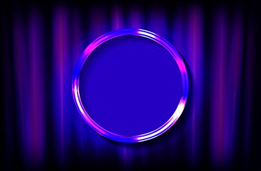 Boş mavi ve siyah silindir podyumu, altın daire kemer ve perde arka planında bakır kenarlı. Stüdyo 3d jeom ve benzeri soyut şekilli nesneler. Ürün tasarımının yay biçimlendirme alanı.