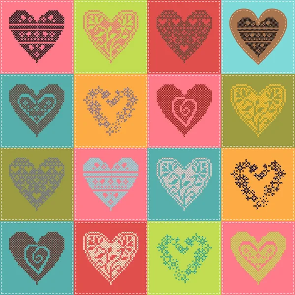 Pattern with collection hearts in vintage patchwork style. — Stock Vector