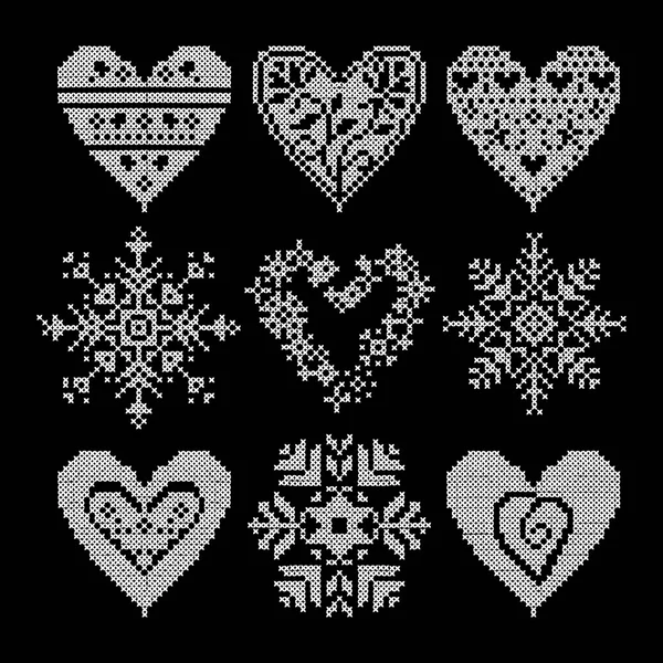 Winter Liebe nahtlose schwarze Herz-Set — Stockvektor