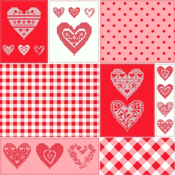 Pattern with collection hearts in vintage patchwork style. — Stock Vector