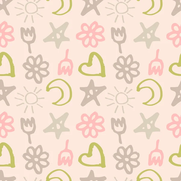 Seamless pattern with stars, hearts, sun, moon, flowers in the style of children — Stock Vector