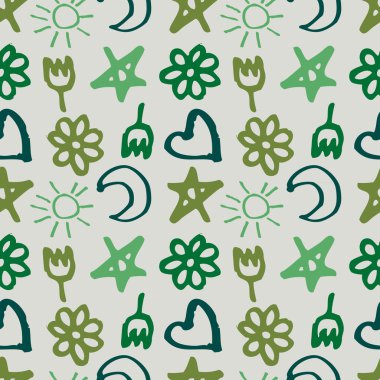 yıldız, Kalpler, güneş, ay, çiçek çocuk tarzı ile Seamless Modeli
