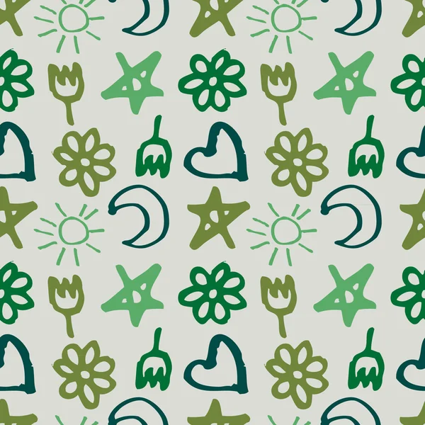 Motif sans couture avec étoiles, coeurs, soleil, lune, fleurs dans le style des enfants — Image vectorielle