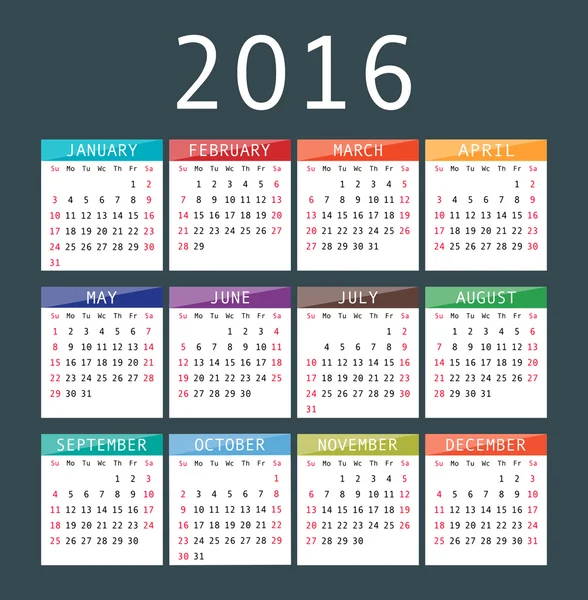 Grade de calendário vetorial para 2016. Design rigoroso . — Vetor de Stock