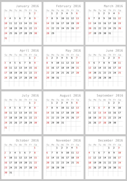 Vektorkalenderraster für 2016. Strenges Design. — Stockvektor
