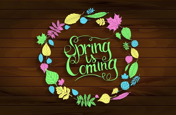 Inscription Spring is coming on wooden background — Stock Vector