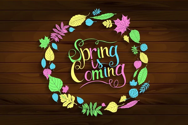 Inscription Spring is coming on wooden background — Stock Vector