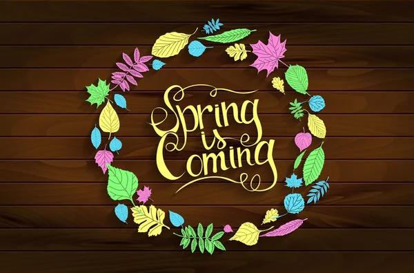 Inscription Spring is coming on wooden background — Stock Vector