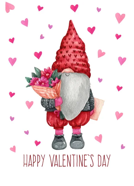 Acquerello San Valentino Gnomi Clipart Amore Gnomi Nordici Gnomo Scandinavo — Vettoriale Stock