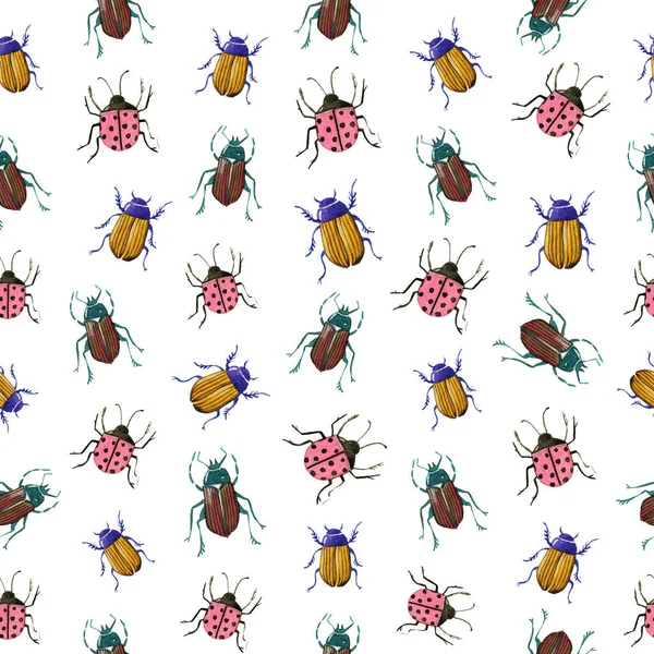 Nahtloses Muster Mit Aquarellkäfern Aquarell Insekten Digitales Papier Bunte Käfer — Stockfoto
