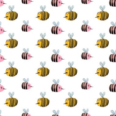 Beyaz arka planda şirin bir arı olan suluboya el çizimi deseni. 