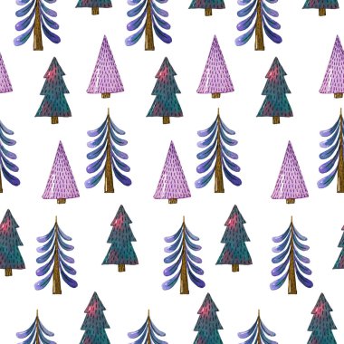 Beyaz arka planda, suluboya Orman Noel ağaçlarıyla kusursuz desen. Çizgi film tarzında bir suluboya deseni çizdi.