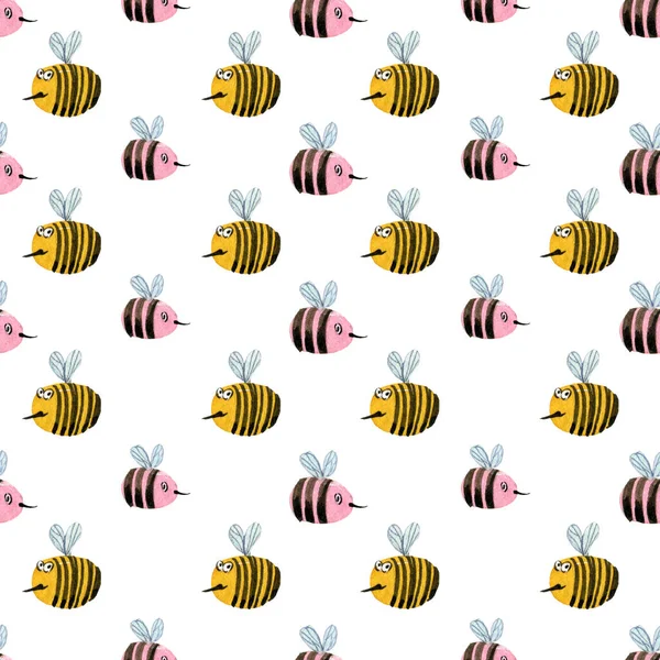 Watercolor Hand Drawing Pattern Cute Bee White Background — Stock Photo, Image