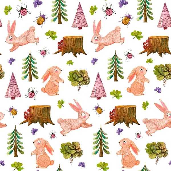 Forest Life Cute Rabbit Seamless Pattern Watercolor Rabbit Illustration Forest — Stock Photo, Image