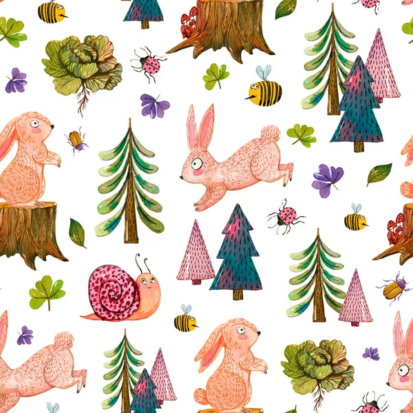 Лісове Життя Милий Кролик Безшовний Візерунок Акварельна Ілюстрація Кролика Лісовими — стокове фото