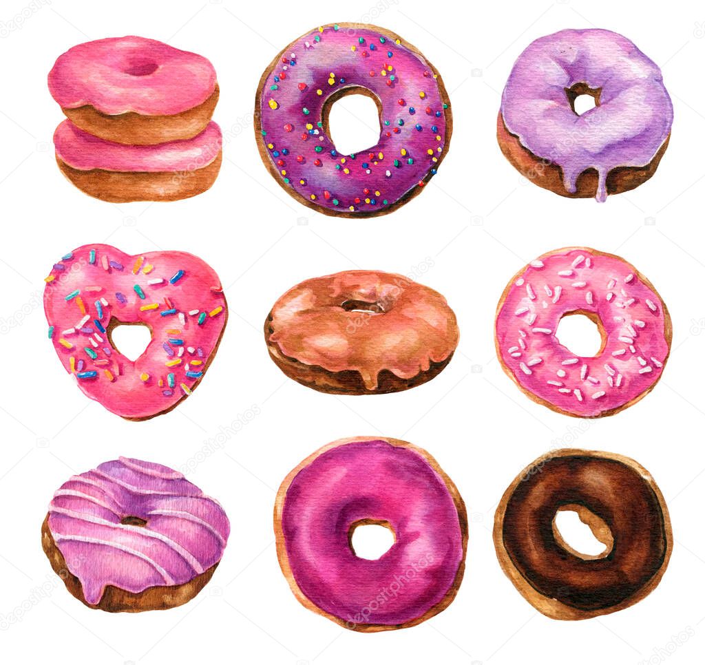 Watercolor pink donut set, caramel and chocolate donuts, heart-shaped donut, Bakery icons, Hand-painted Doughnuts, Watercolor junk food, birthday party icons, Donut logo. 